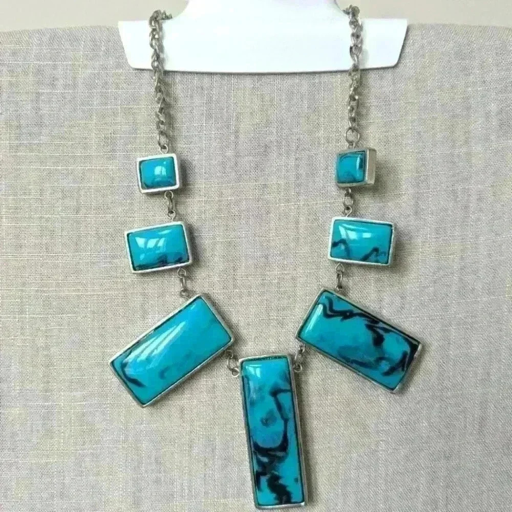 Light Blue Square Acrylic Stone Geometric Necklace In Silver Plating -  New